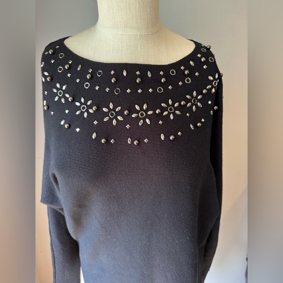 LIV Milano Women’s Beaded Embellished Black Dolman Sleeve Sweater Sz M - Picture 5 of 10